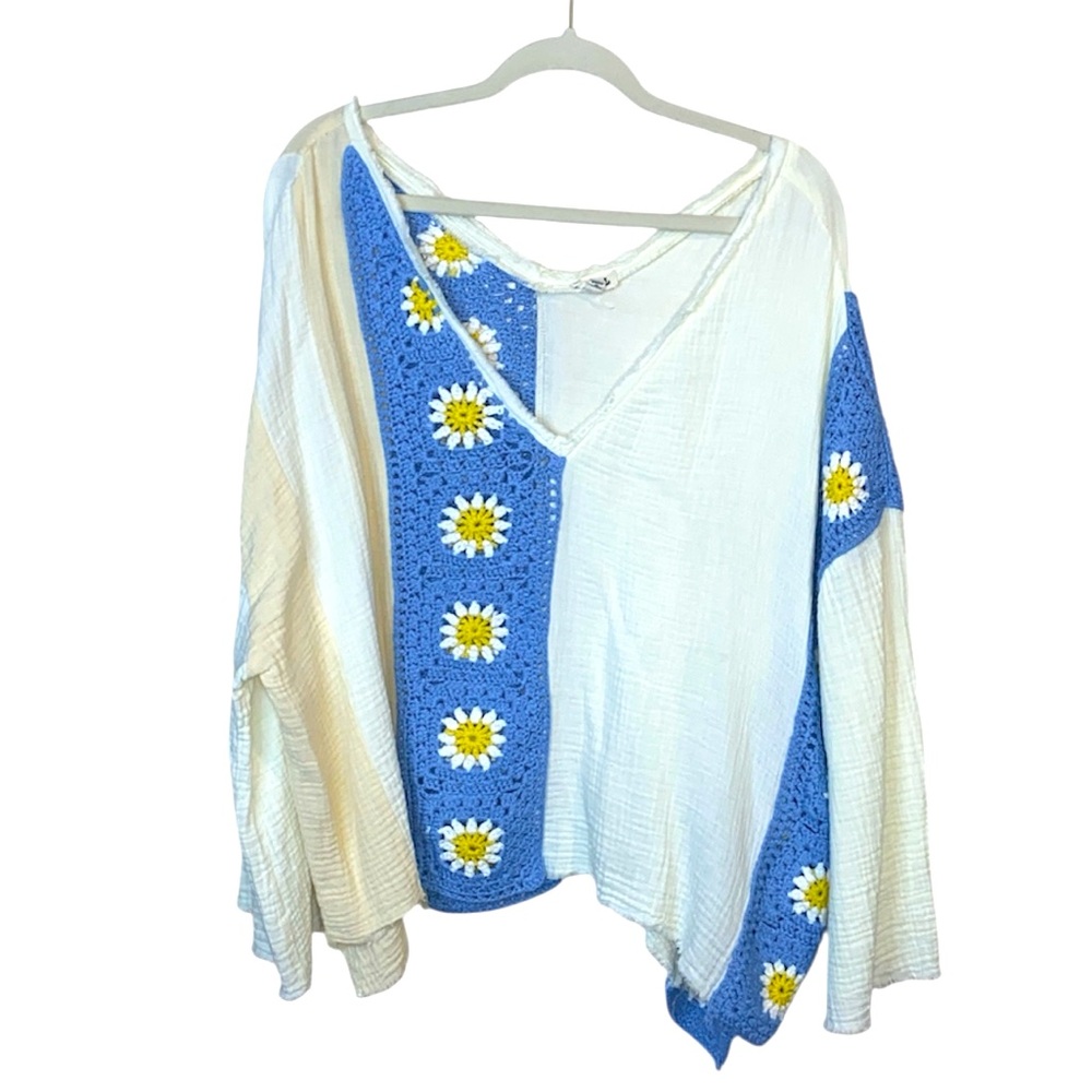 POL Blue/Cream 100% Cotton Oversized Crochet Top, Size Small - Picture 3 of 12